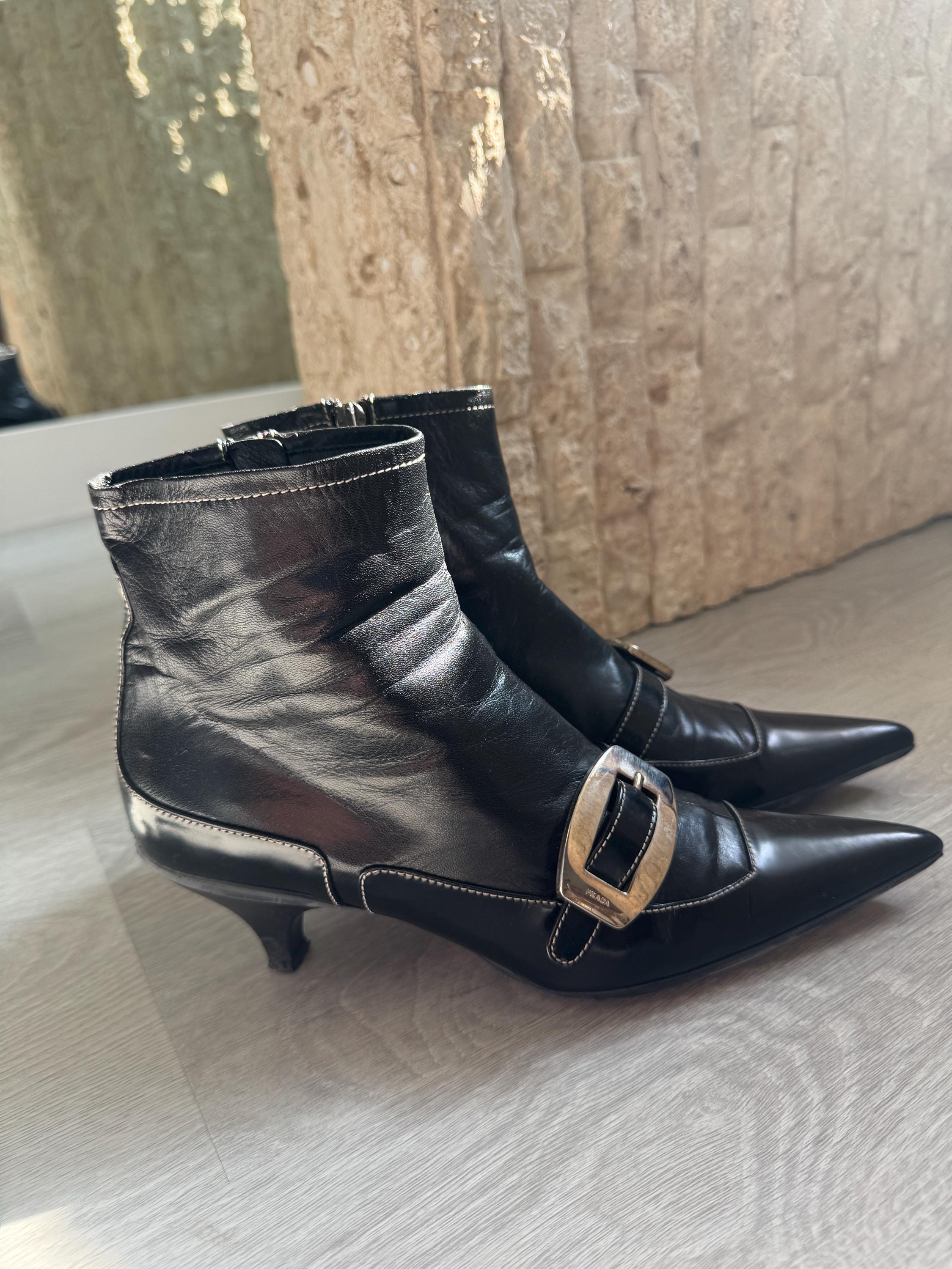 Vintage Prada Black Leather Boots Pointed Toe Ankle Boots with Buckle Detail