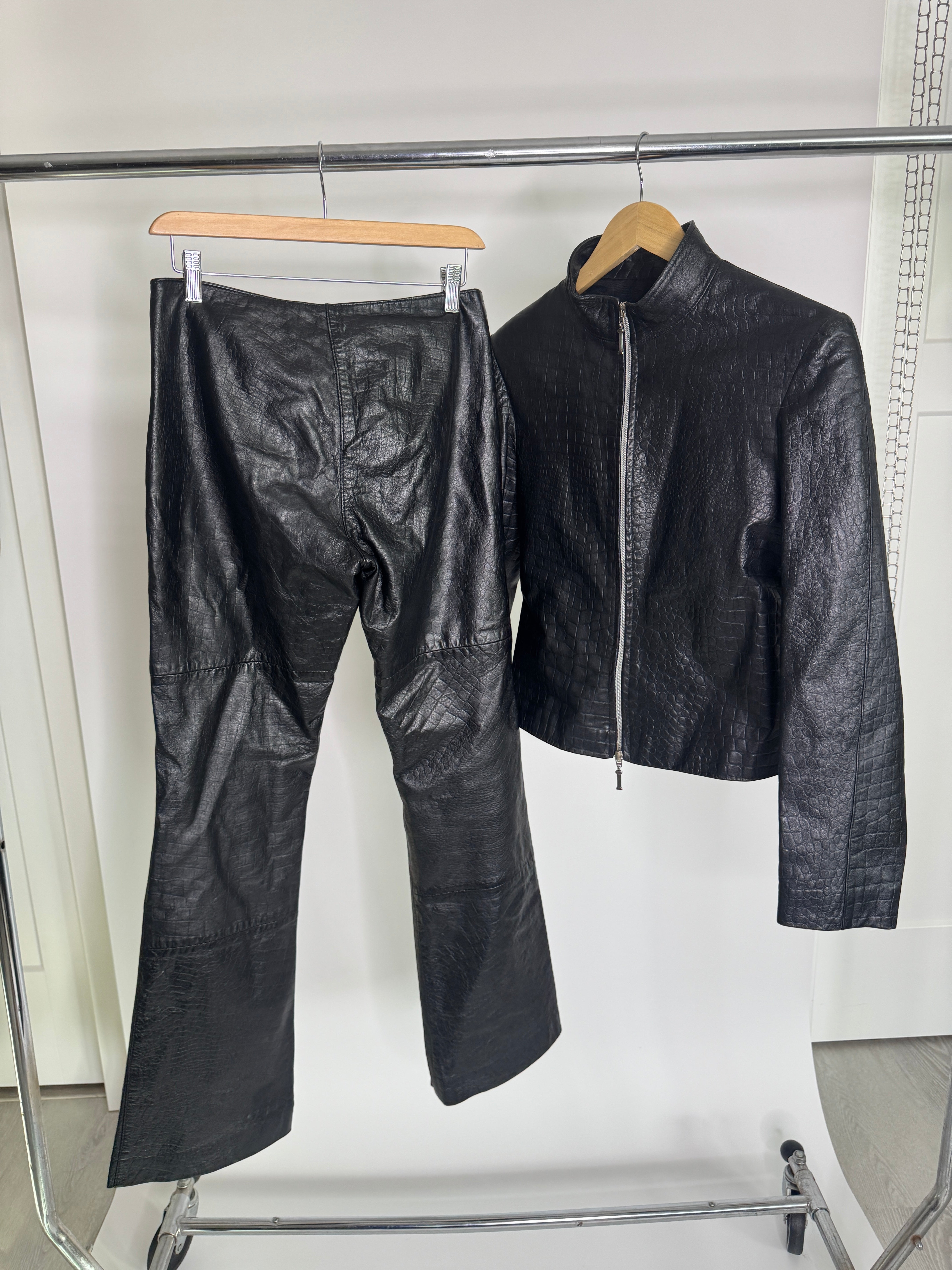 Vintage Italian Leather Croc-Embossed Jacket & Pant Set by Ottavio Piragino