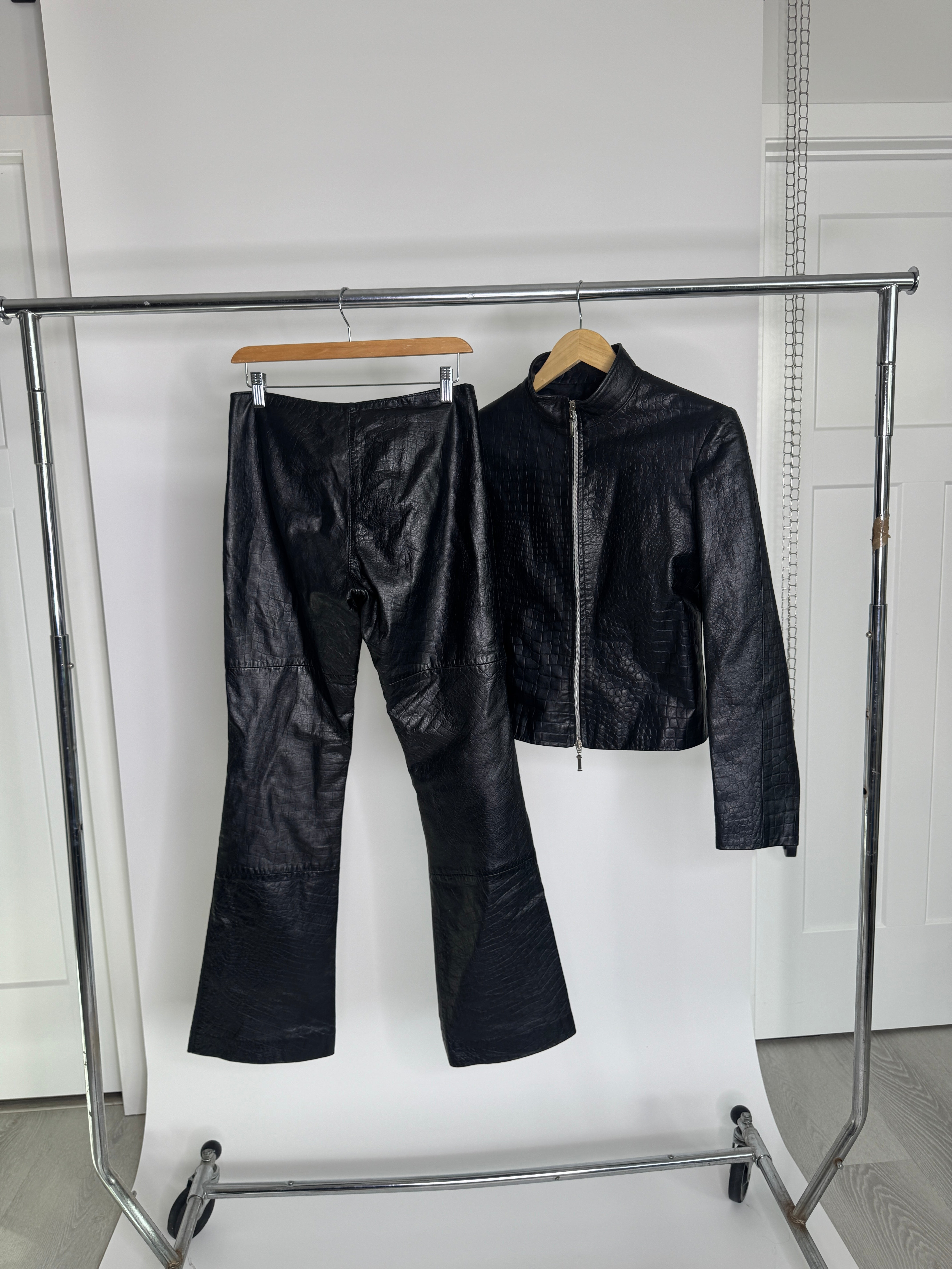 Vintage Italian Leather Croc-Embossed Jacket & Pant Set by Ottavio Piragino