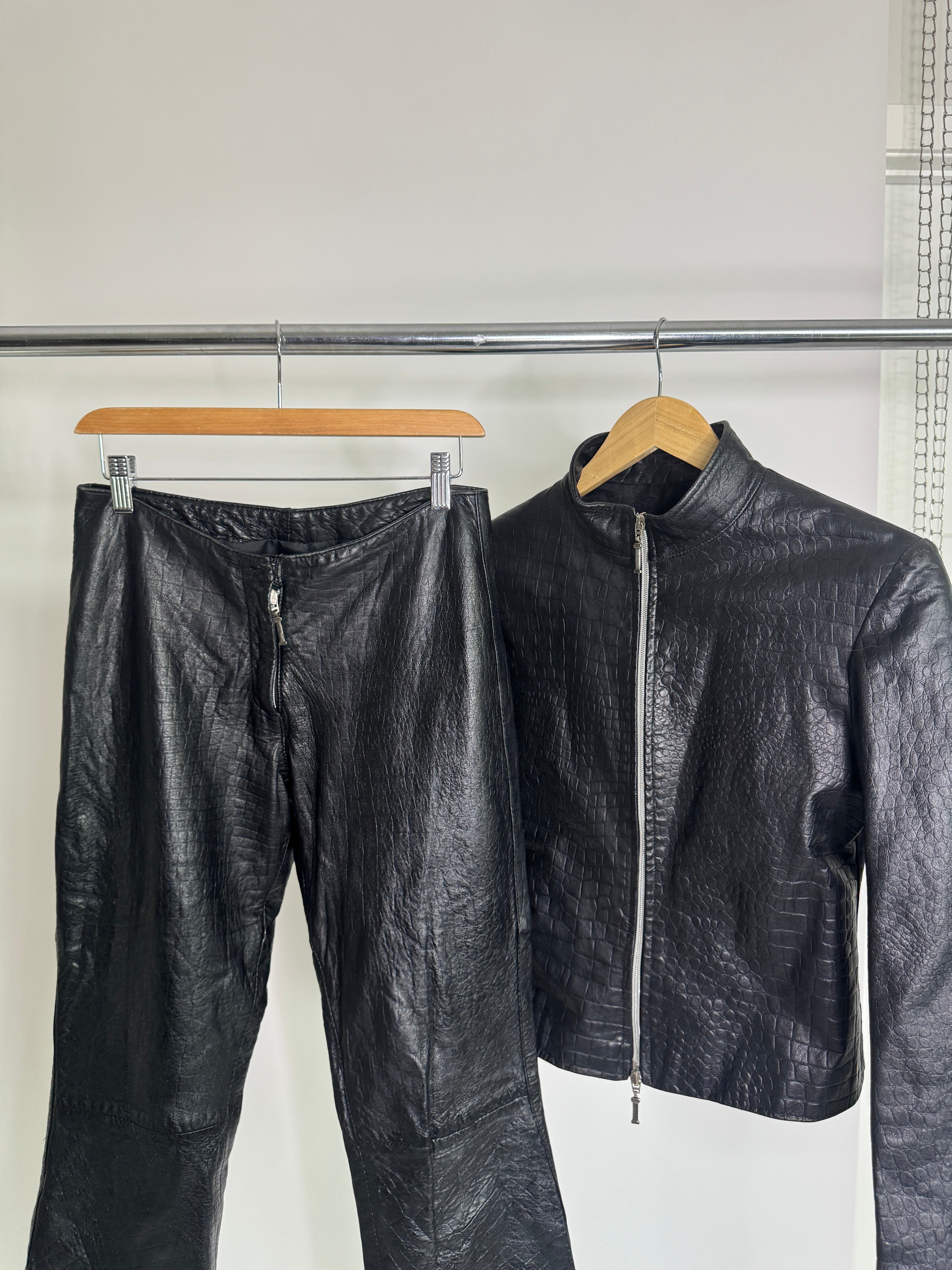 Vintage Italian Leather Croc-Embossed Jacket & Pant Set by Ottavio Piragino