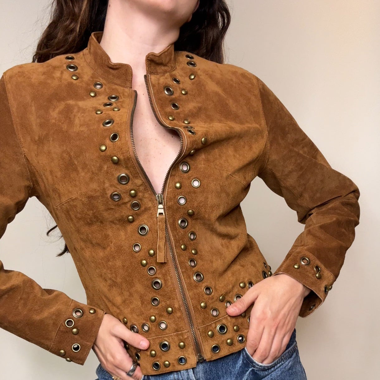 Vintage Moda International Suede Grommet Jacket in Caramel Brown