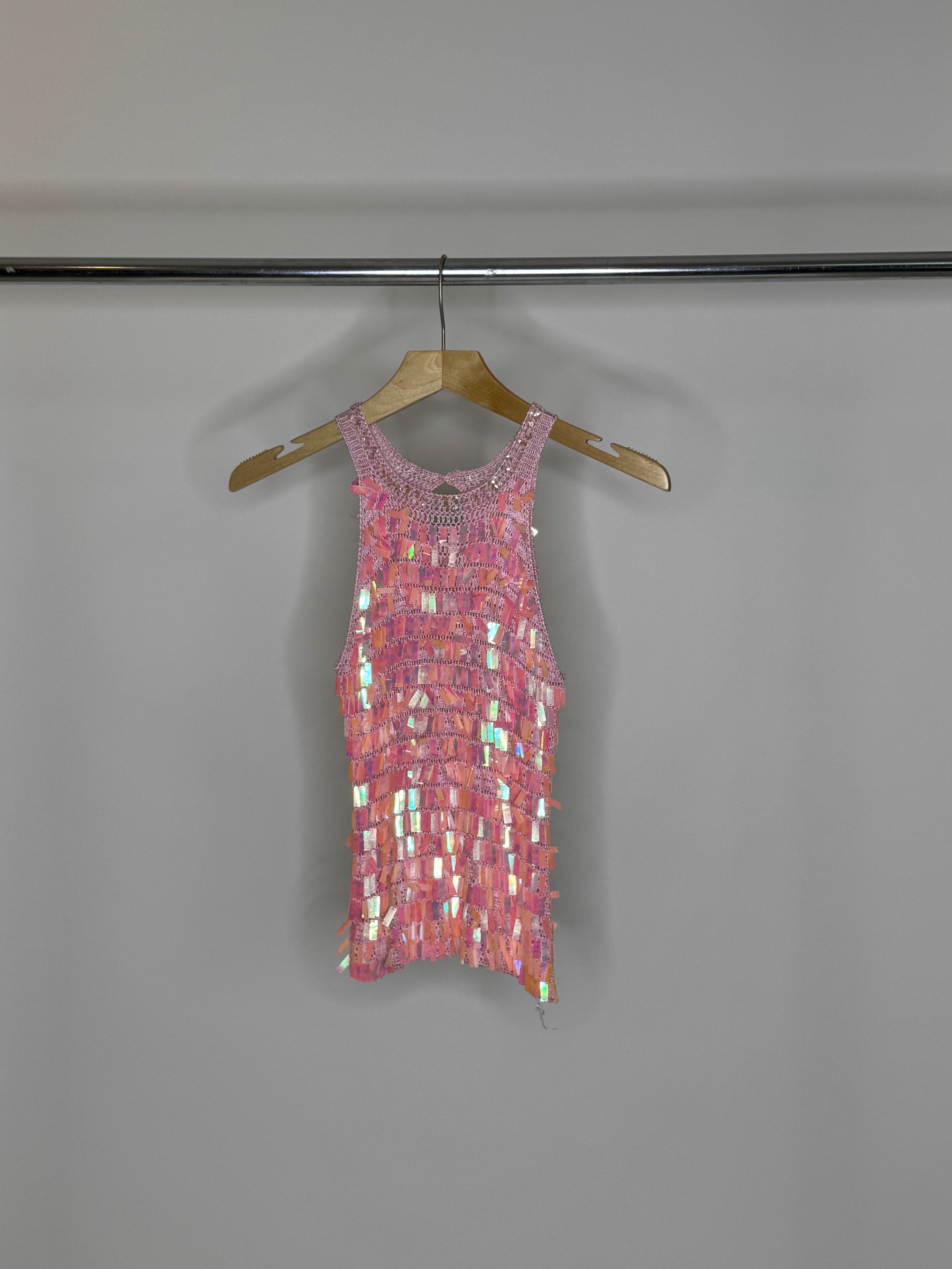 Vintage Pink Crochet Sequin Tank