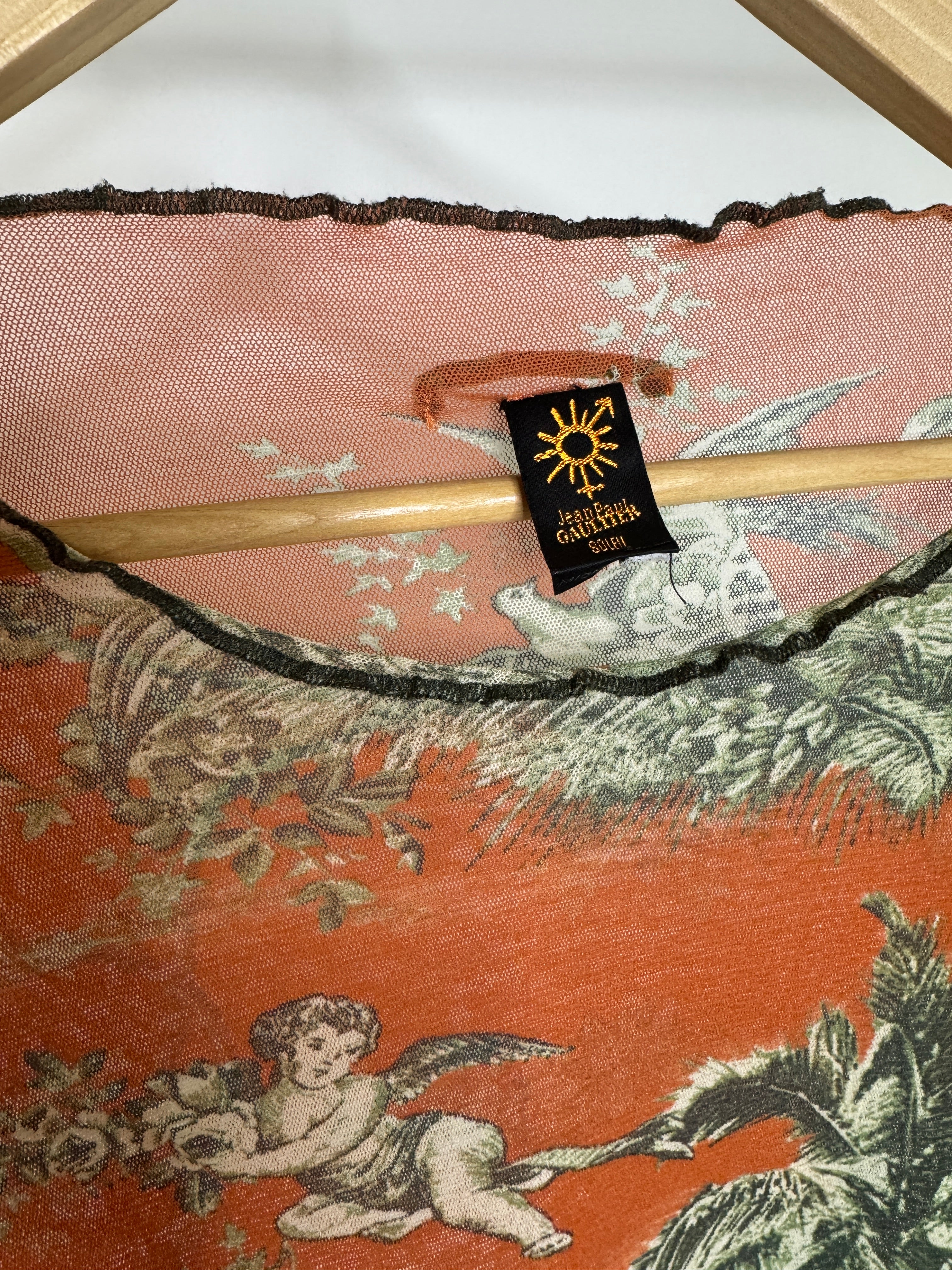 Rare Vintage Jean Paul Gaultier Soleil Cherub Print Mesh Orange Top