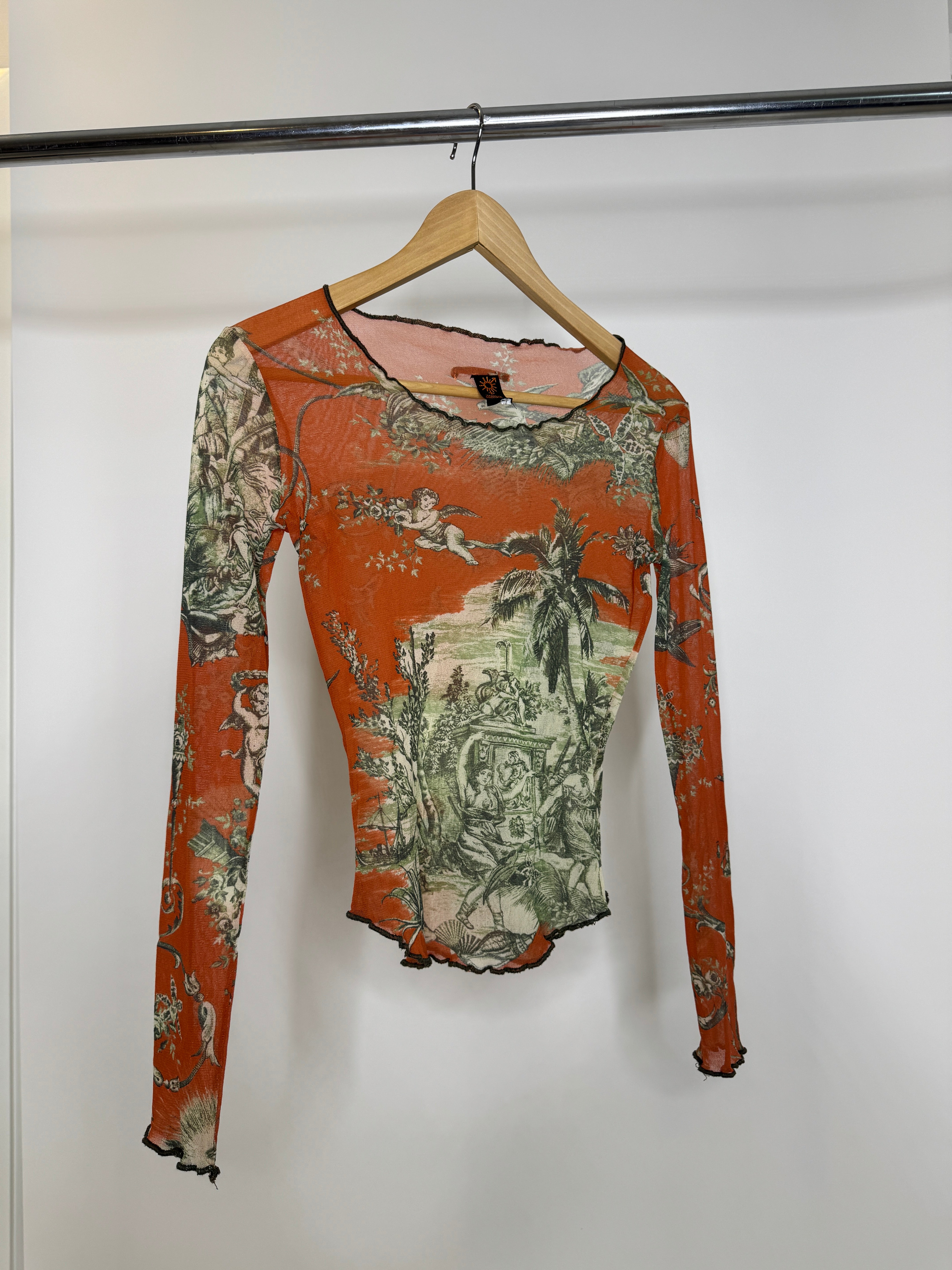 Rare Vintage Jean Paul Gaultier Soleil Cherub Print Mesh Orange Top