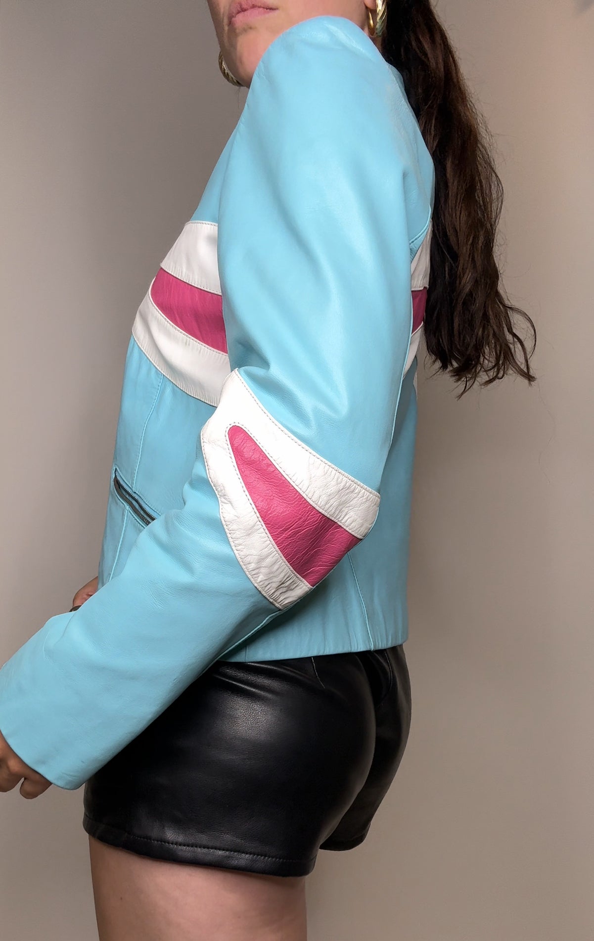 Vintage Danier Baby Blue and Pink Leather Moto Jacket