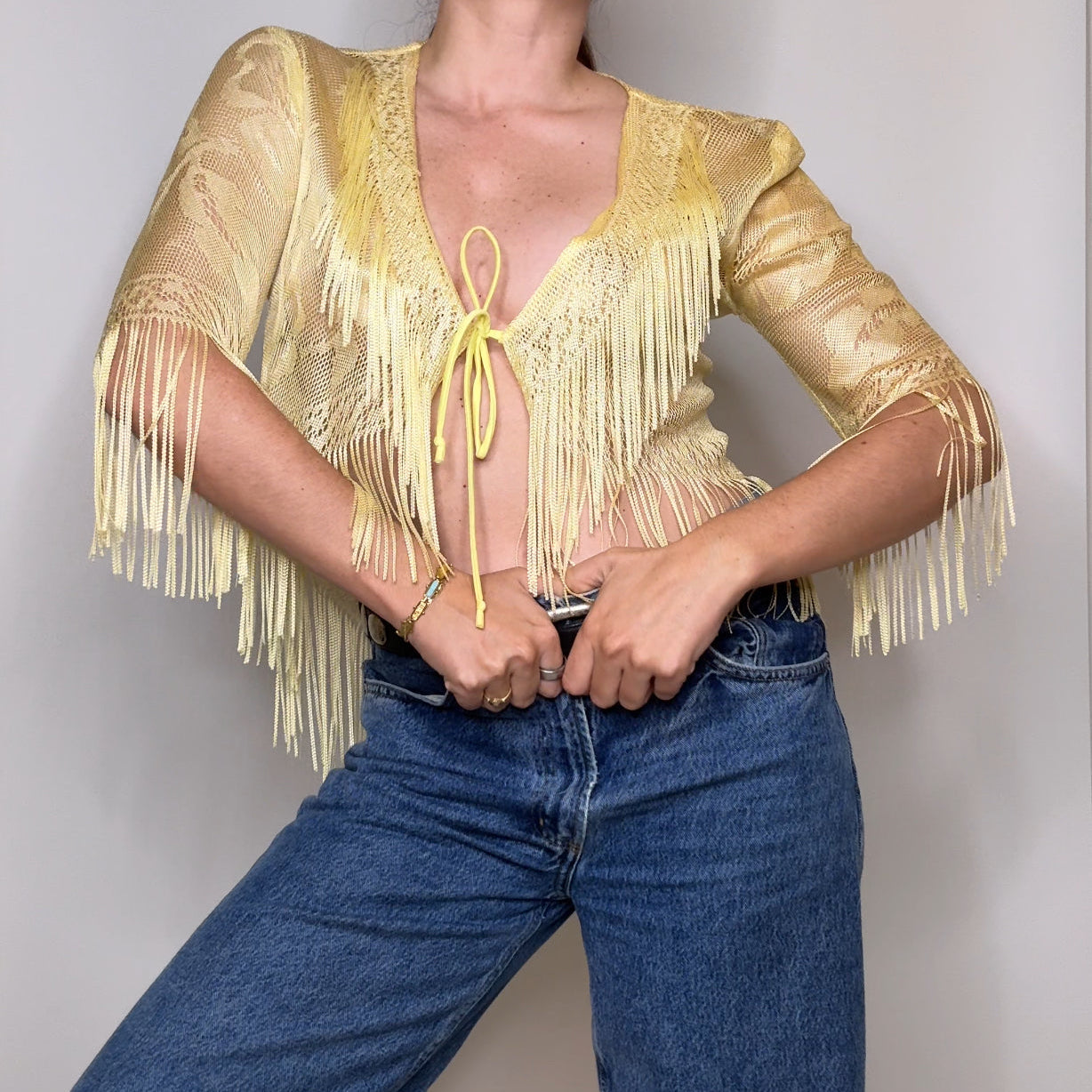 Vintage Algo Yellow Fringe Mesh Top