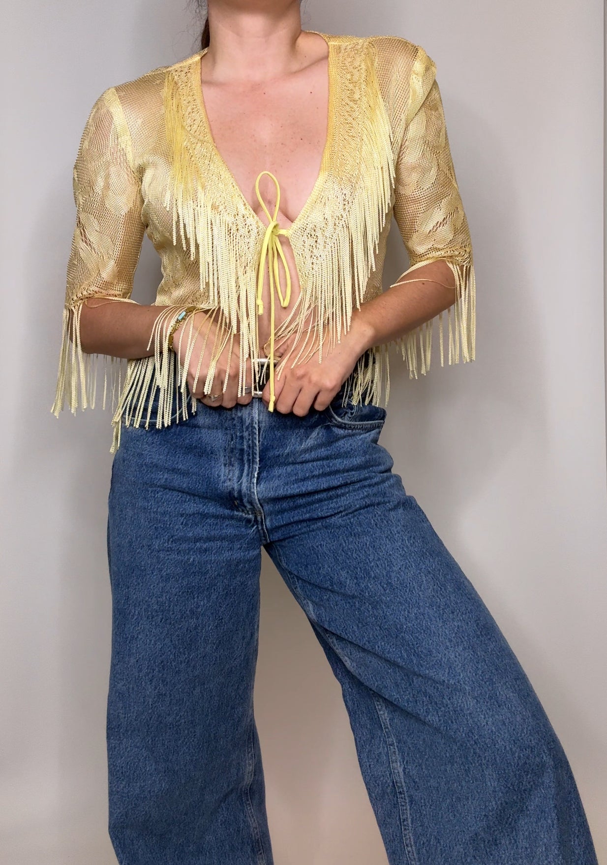 Vintage Algo Yellow Fringe Mesh Top