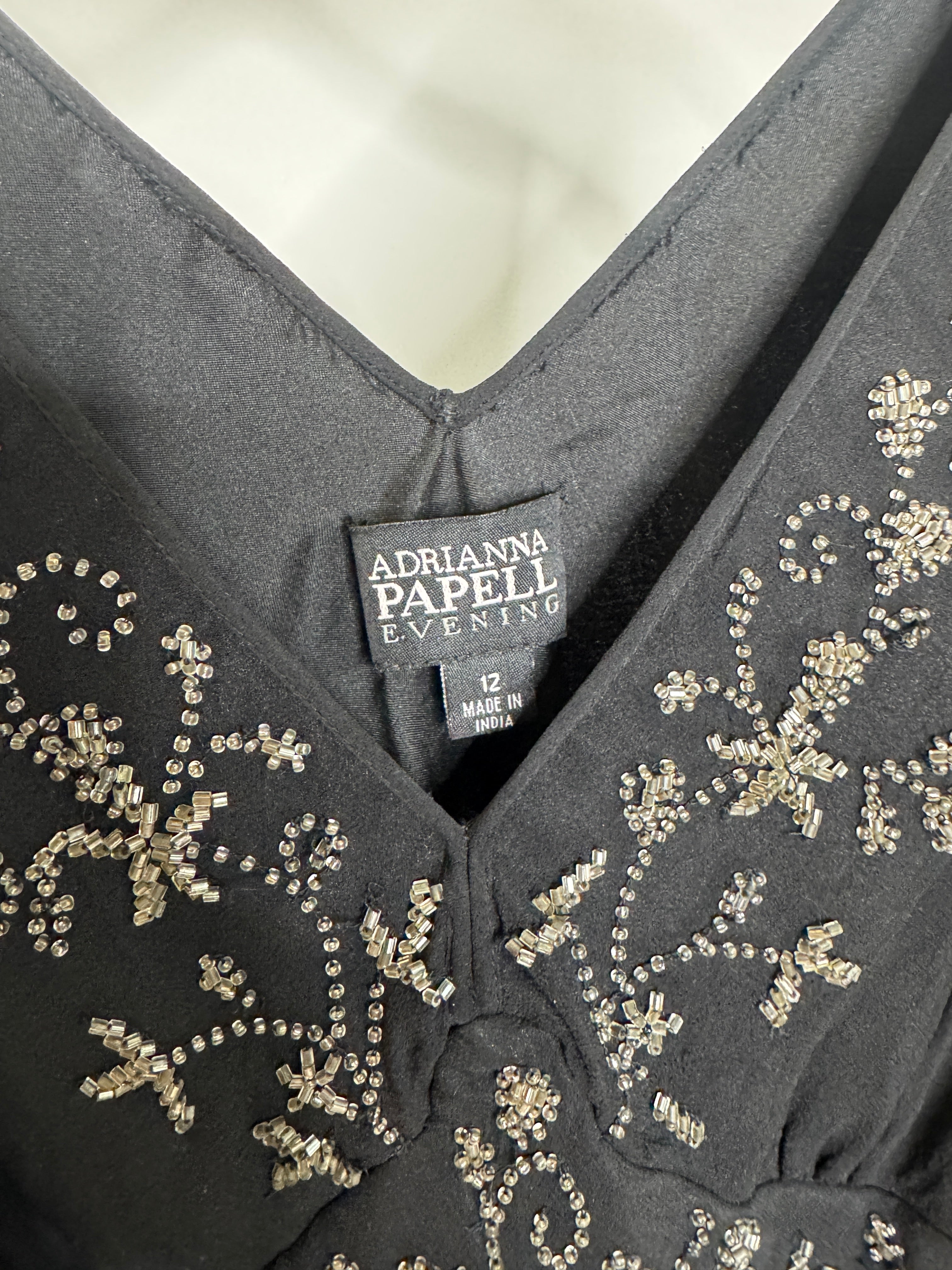 Vintage Adrianna Papell Beaded Chiffon Dress with Black Floral Embroidery