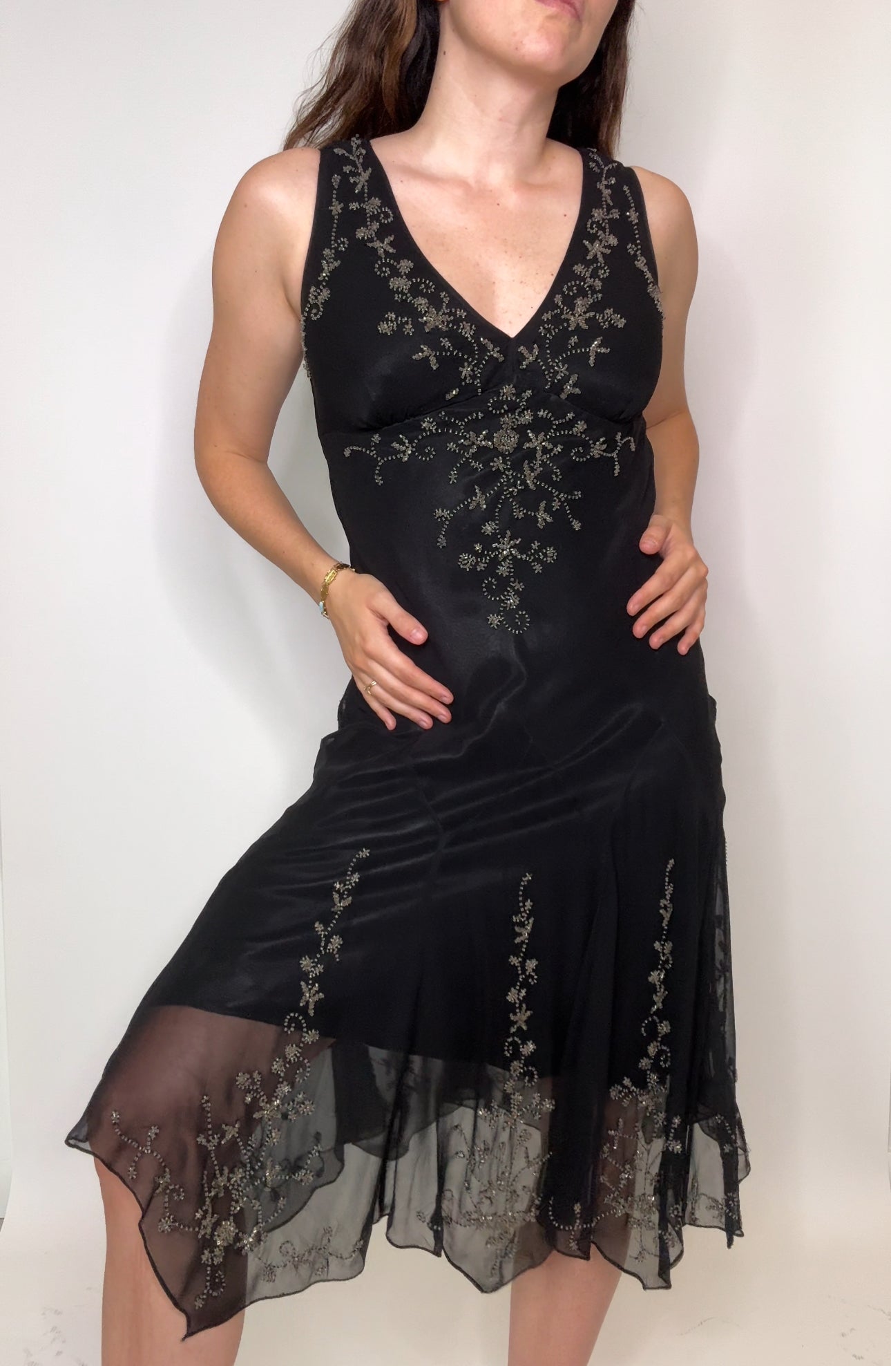 Vintage Adrianna Papell Beaded Chiffon Dress with Black Floral Embroidery