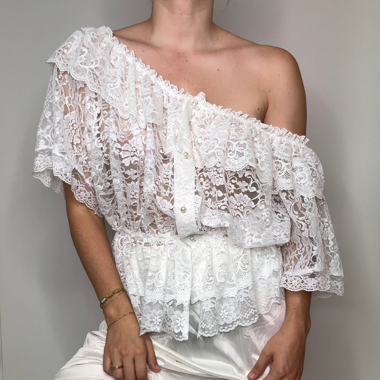 Vintage Ruffled Lace Off The Shoulder Blouse