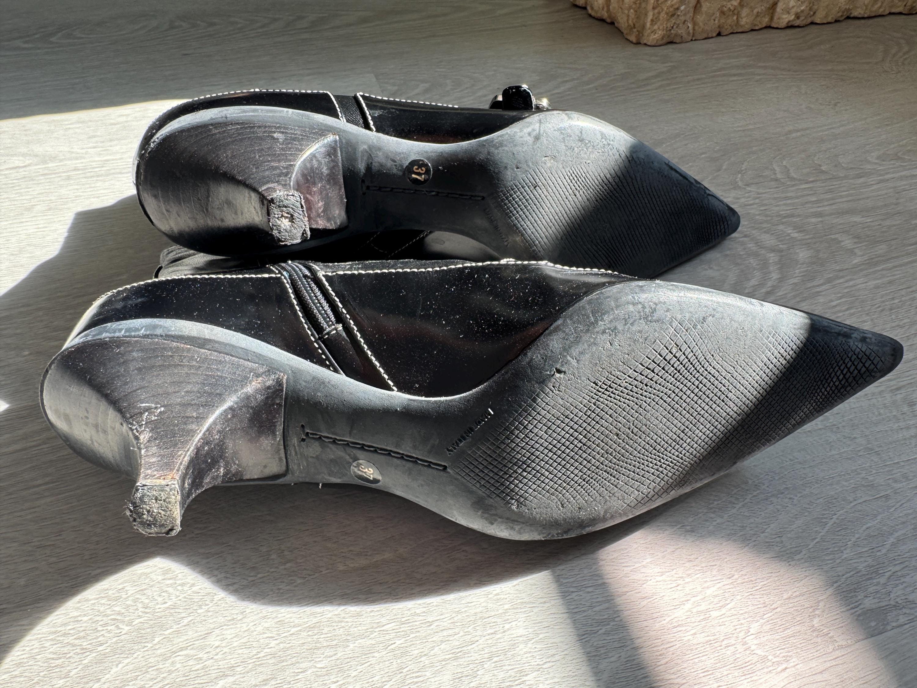 Vintage Prada Black Leather Boots Pointed Toe Ankle Boots with Buckle Detail