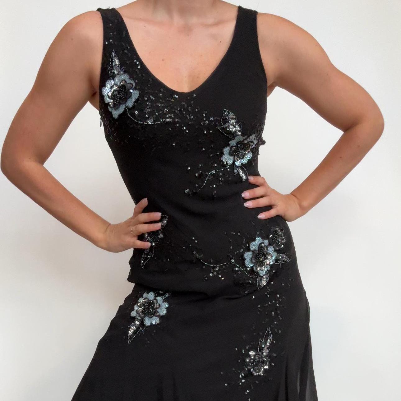 Vintage Bellessa Black Beaded Handkerchief Hem Dress 100% Silk