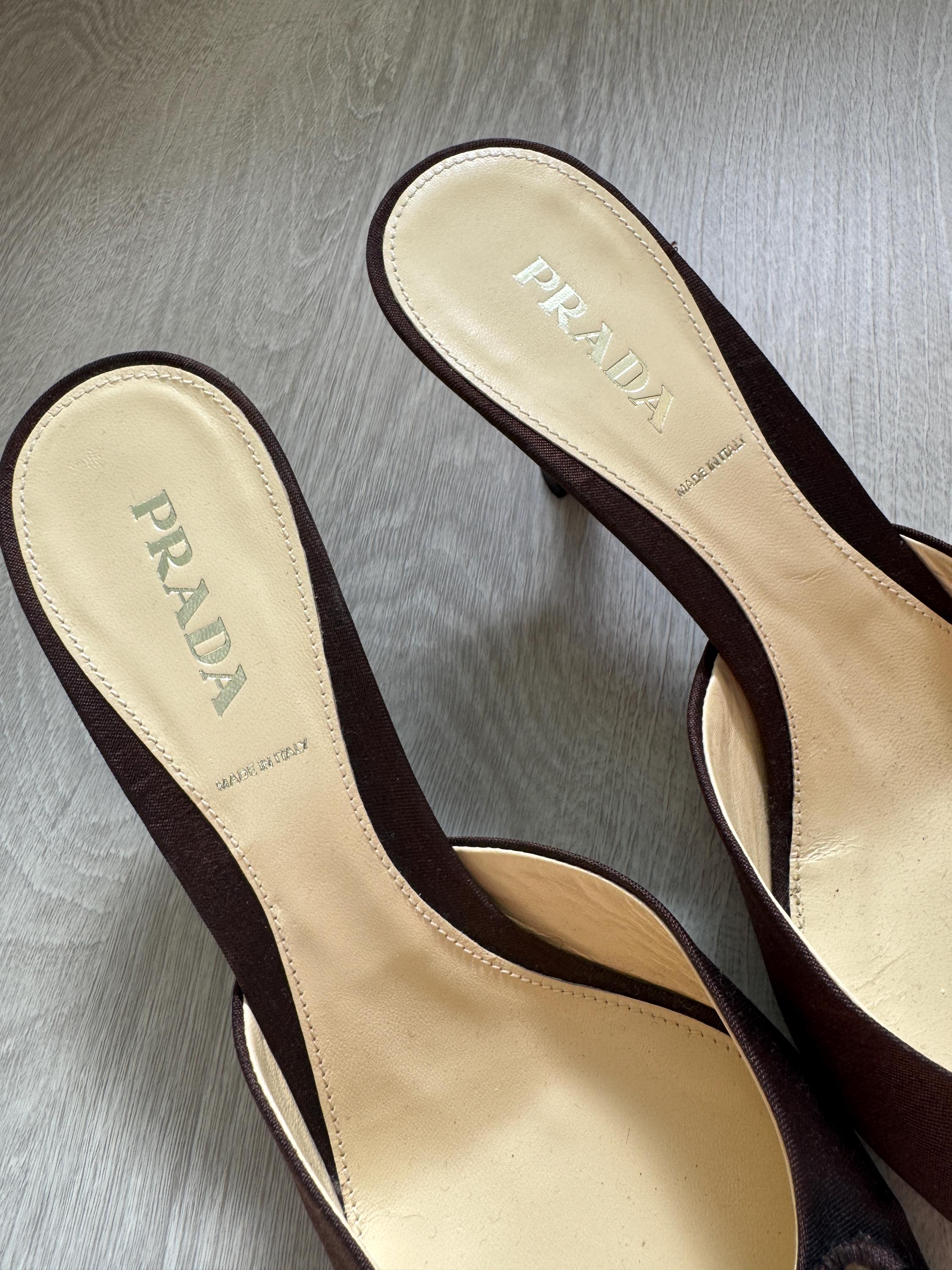 Vintage Prada Embellished Pointed Toe Mules – Brown Satin Kitten Heels with Beaded Floral Detail