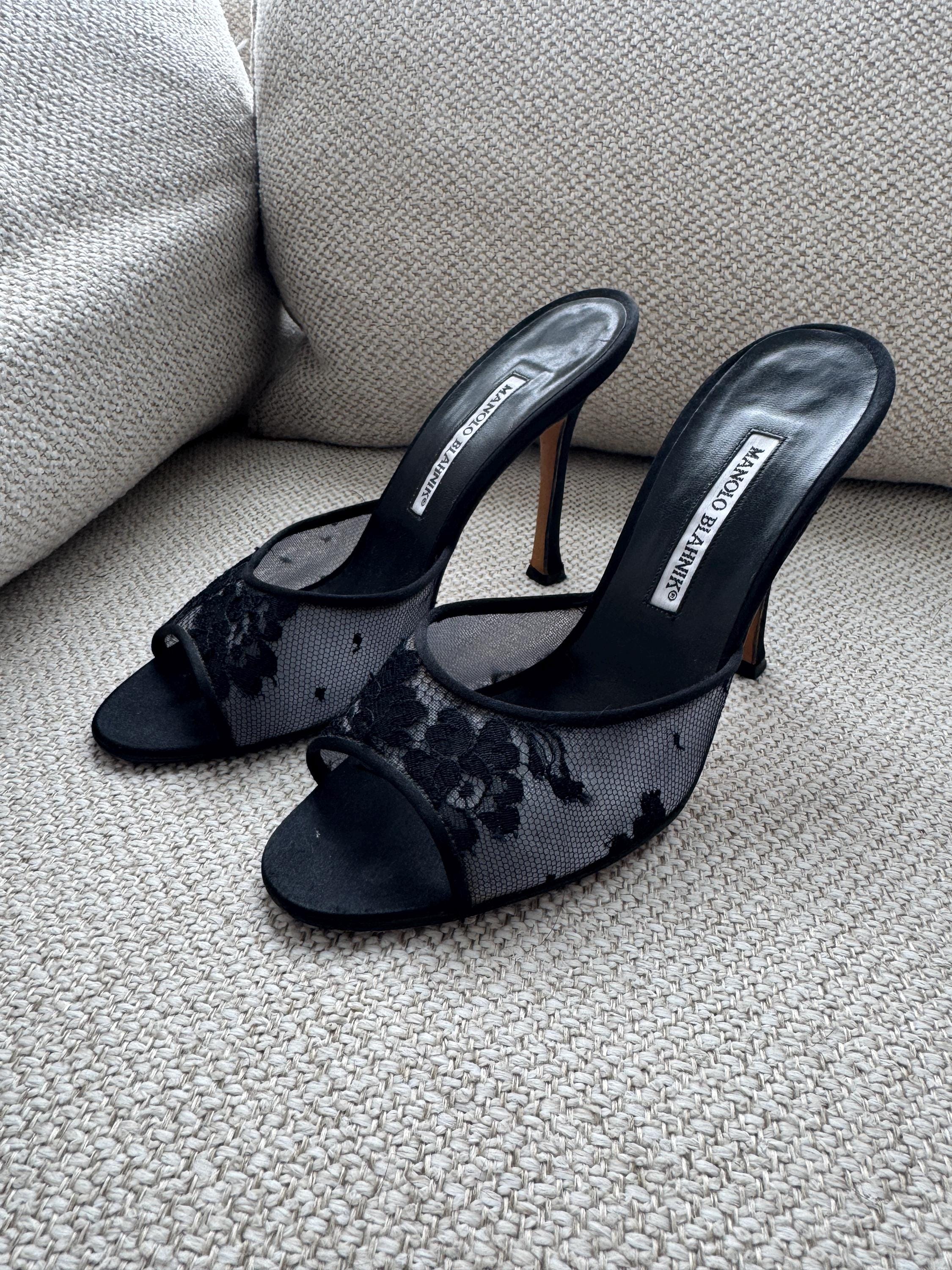 Vintage Manolo Blahnik Black Lace Mules – Rare Italian Designer Heels