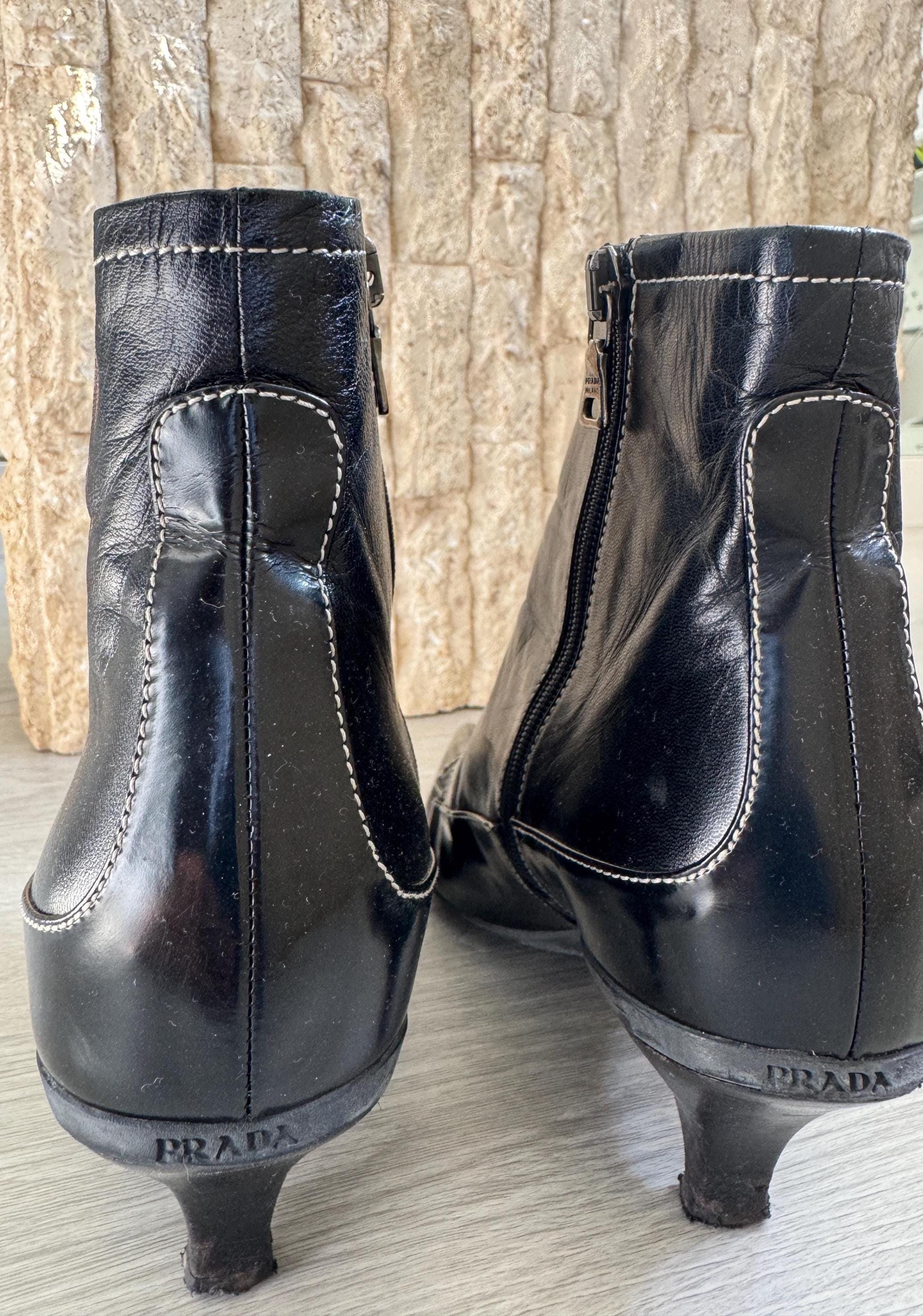 Vintage Prada Black Leather Boots Pointed Toe Ankle Boots with Buckle Detail