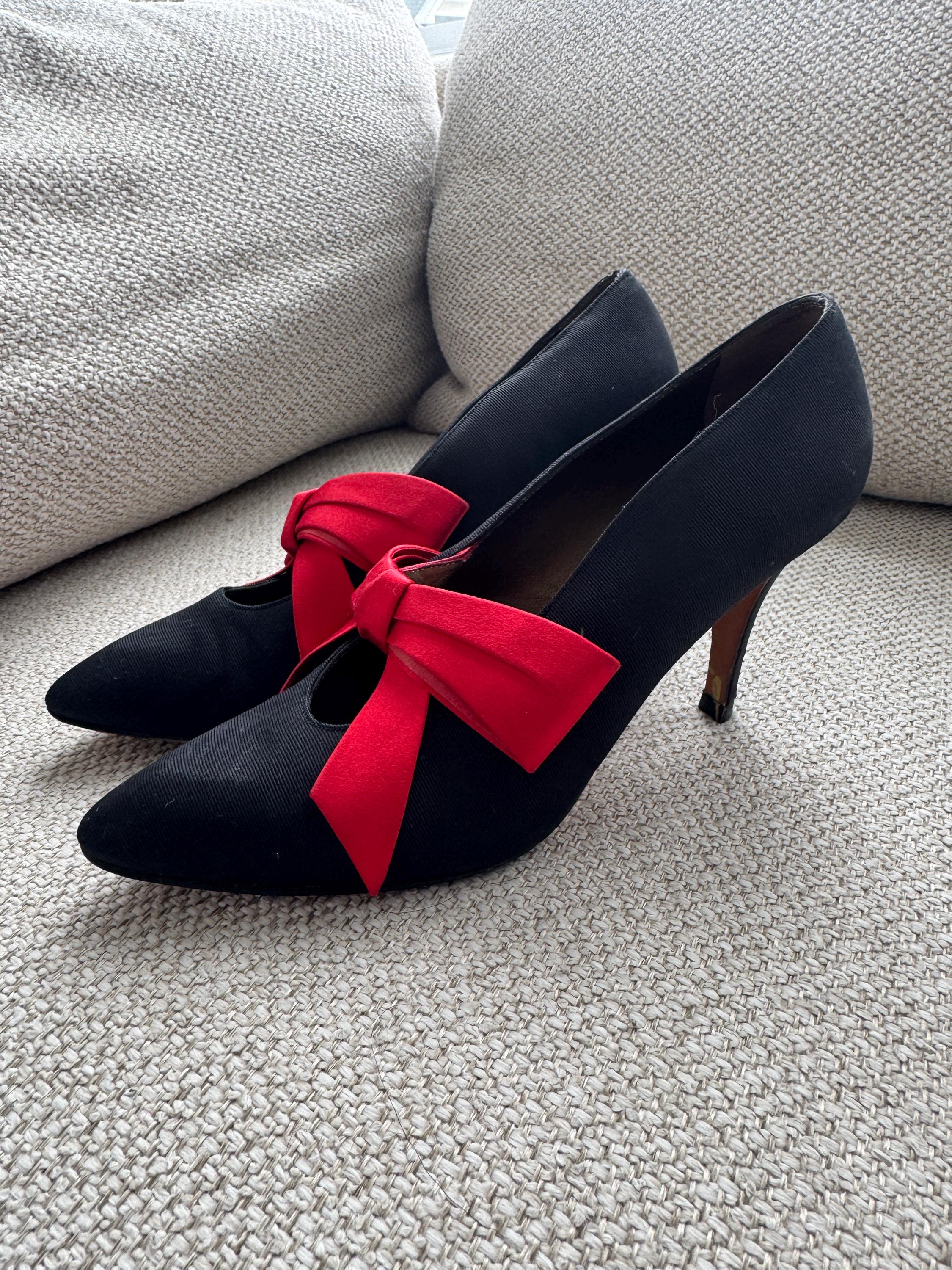 Vintage Yves Saint Laurent Bow Heels – Black & Red Satin