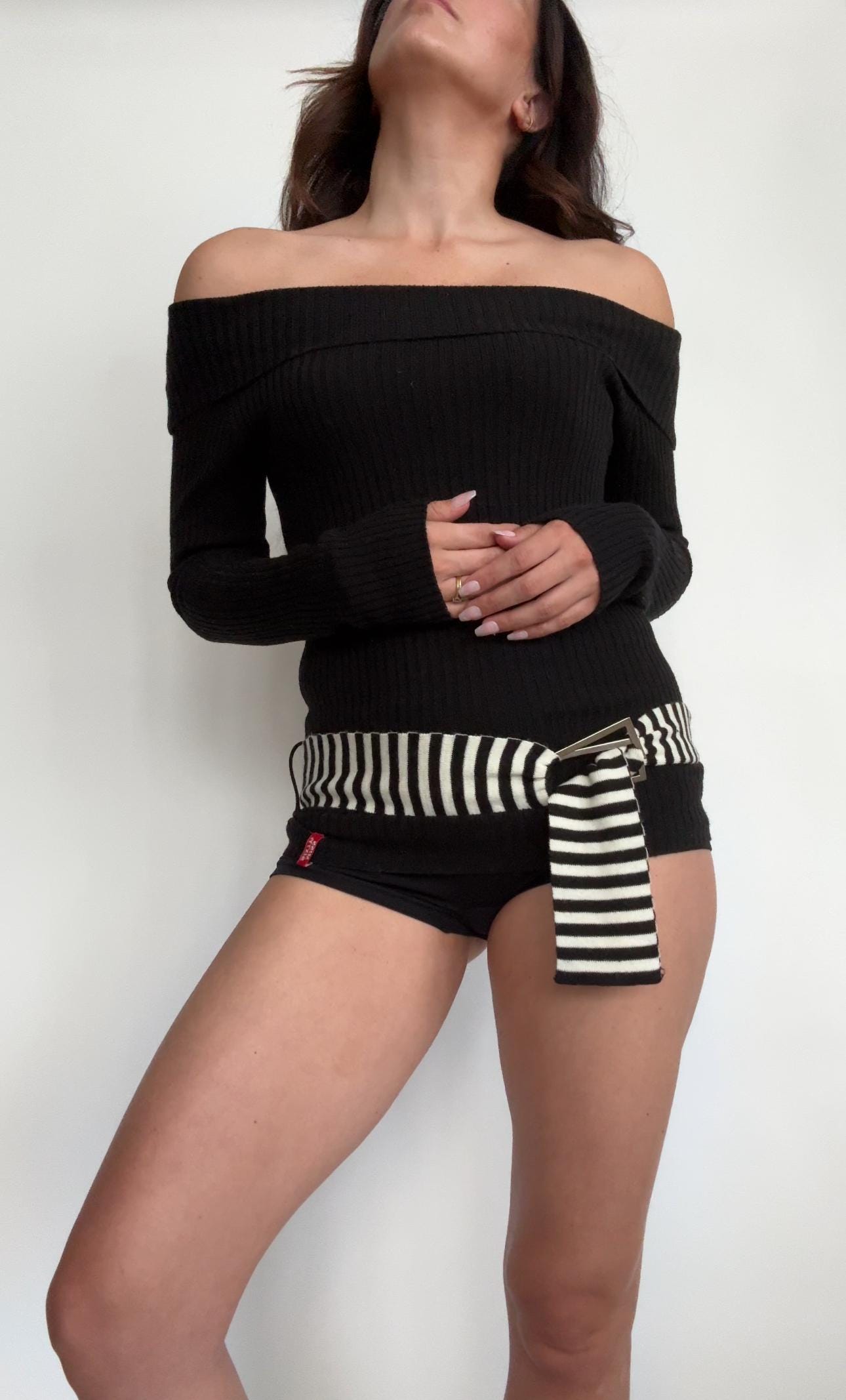 Y2K Miss Sixty Off-Shoulder Knit Top – Ribbed Black Sweater Mini Dress – Size XS-S