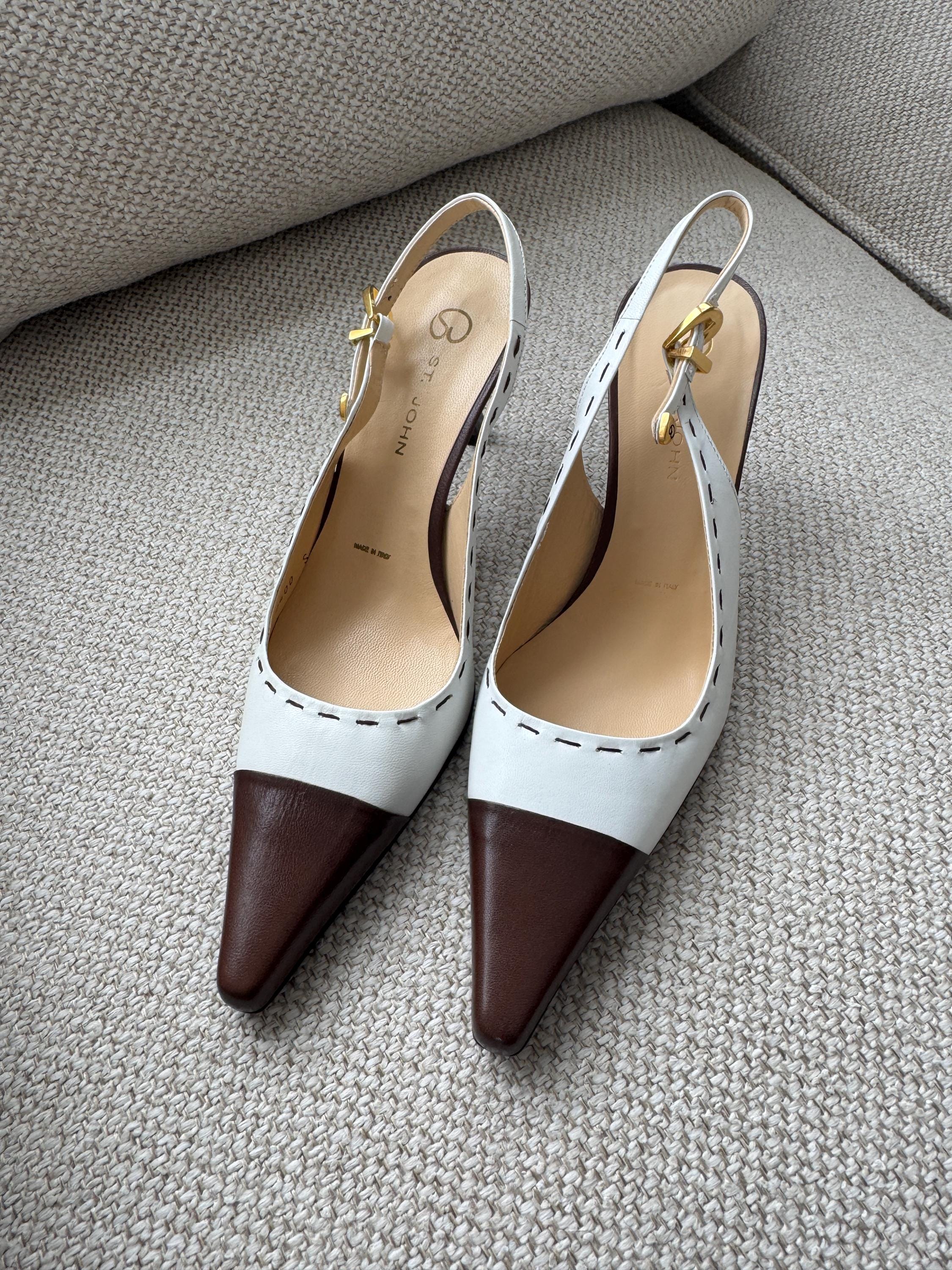 Vintage St. John Two-Tone White and Brown Slingback Heels – Size 6.5 – Made in Italy