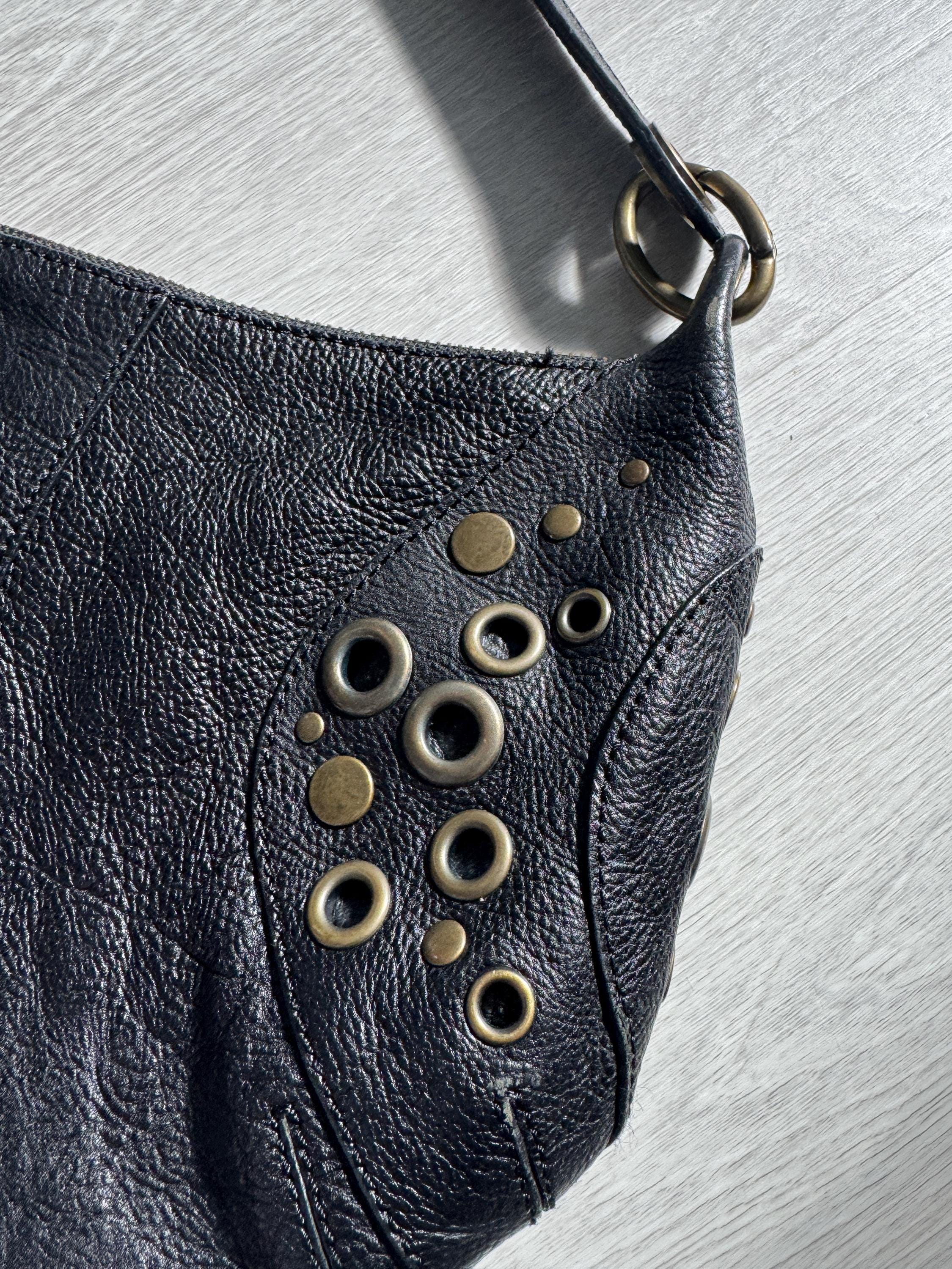 Vintage Danier Black Leather Hobo Bag – Studded Grommet Shoulder Purse