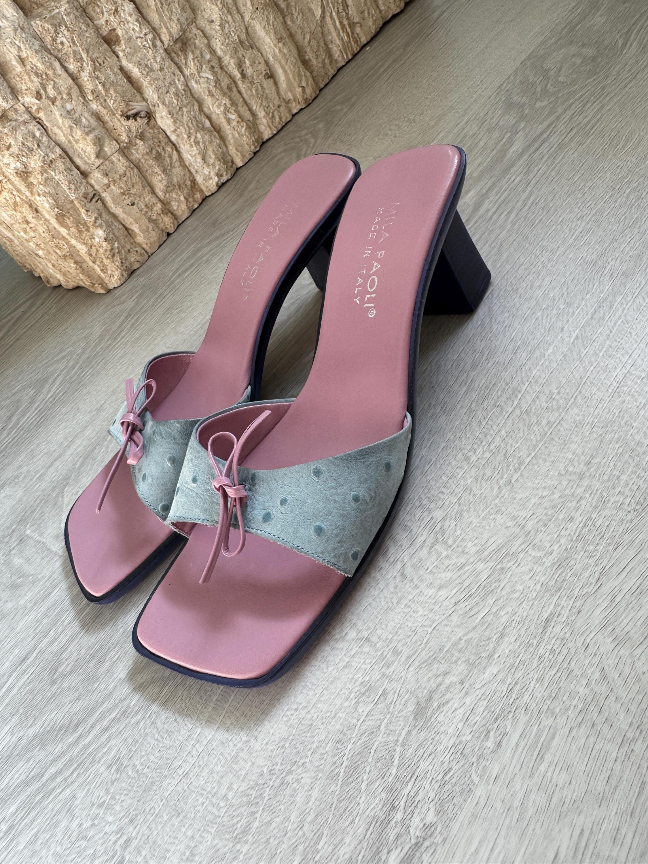 Vintage Made in Italy Mila Paoli Ostrich Leather Kitten Heel Sandals