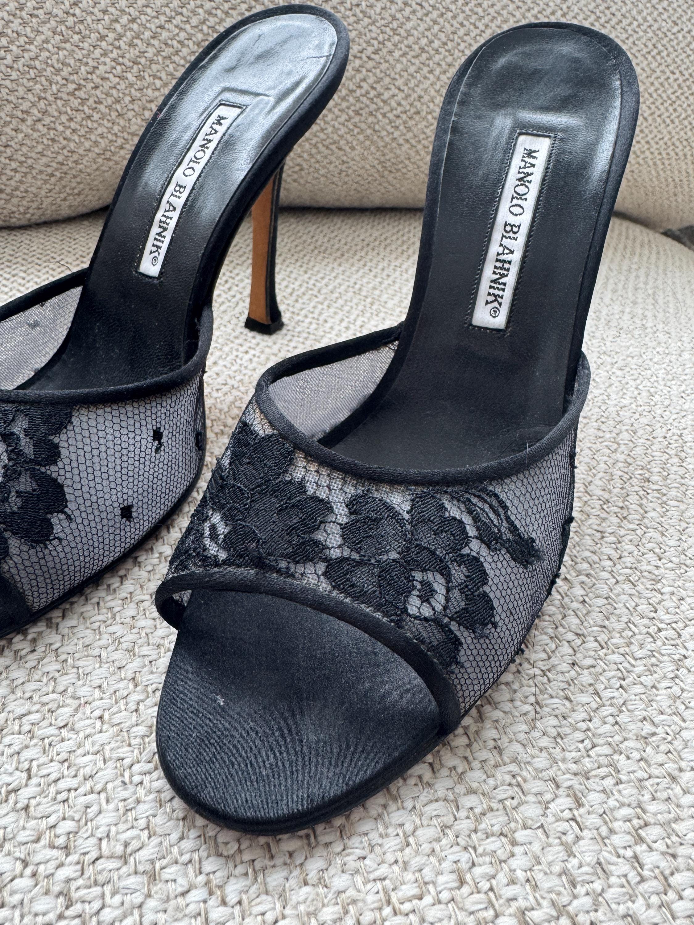 Vintage Manolo Blahnik Black Lace Mules – Rare Italian Designer Heels