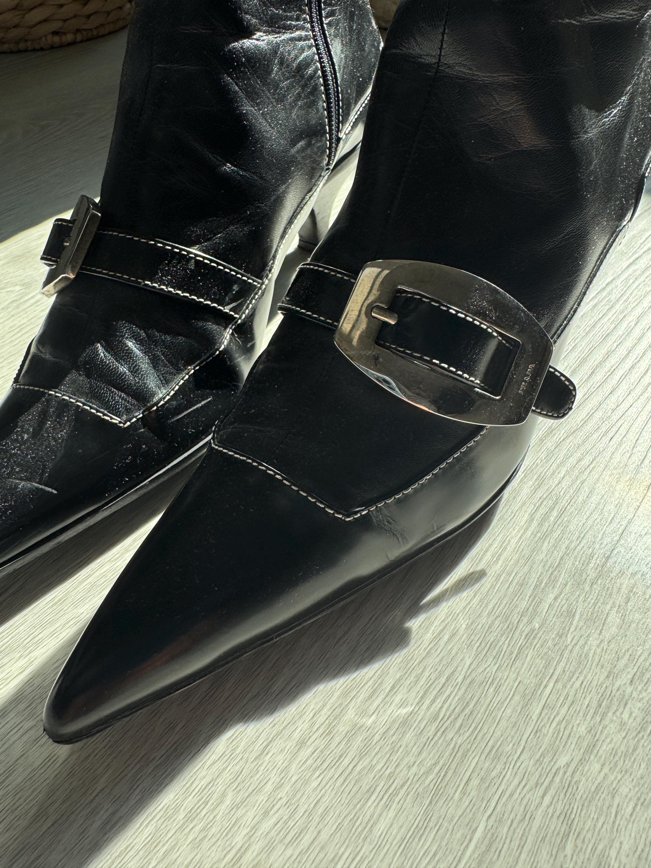 Vintage Prada Black Leather Boots Pointed Toe Ankle Boots with Buckle Detail