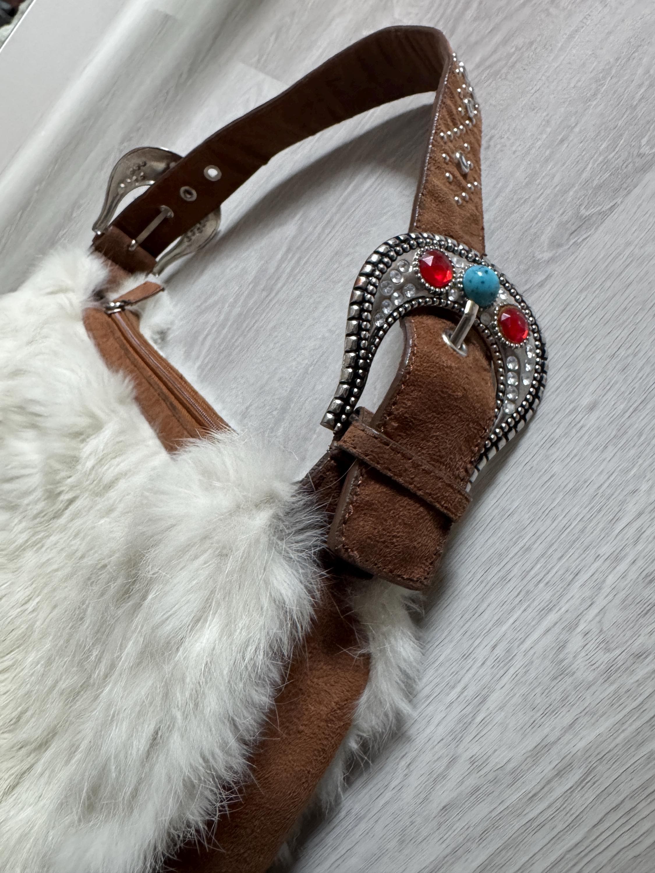 Vintage Rabbit Fur Baguette Bag: Brown Suede Western Purse with Turquoise Accents