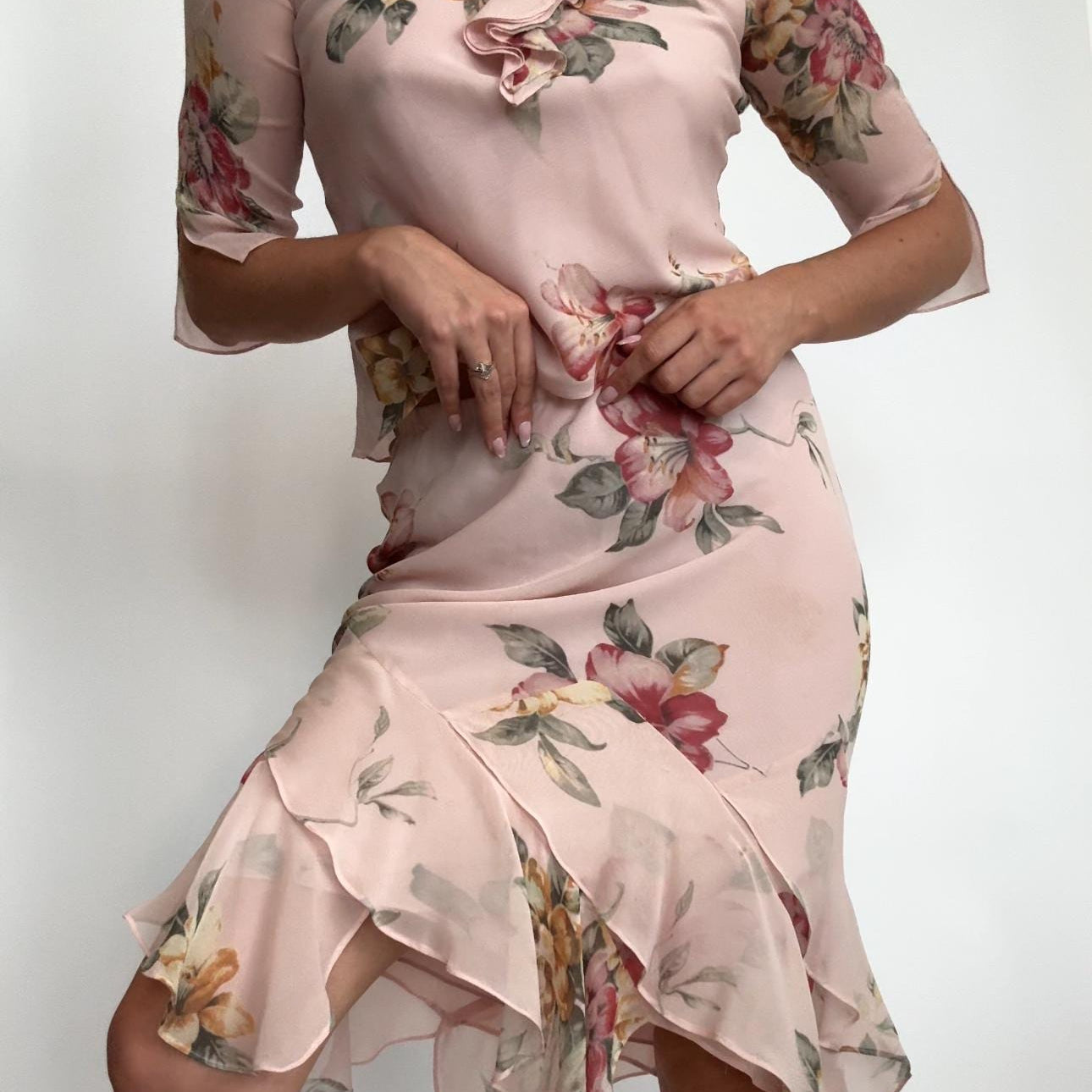 Vintage Papell Petites Ruffle Floral Dress – Fairycore Sheer 100% Silk – Size S