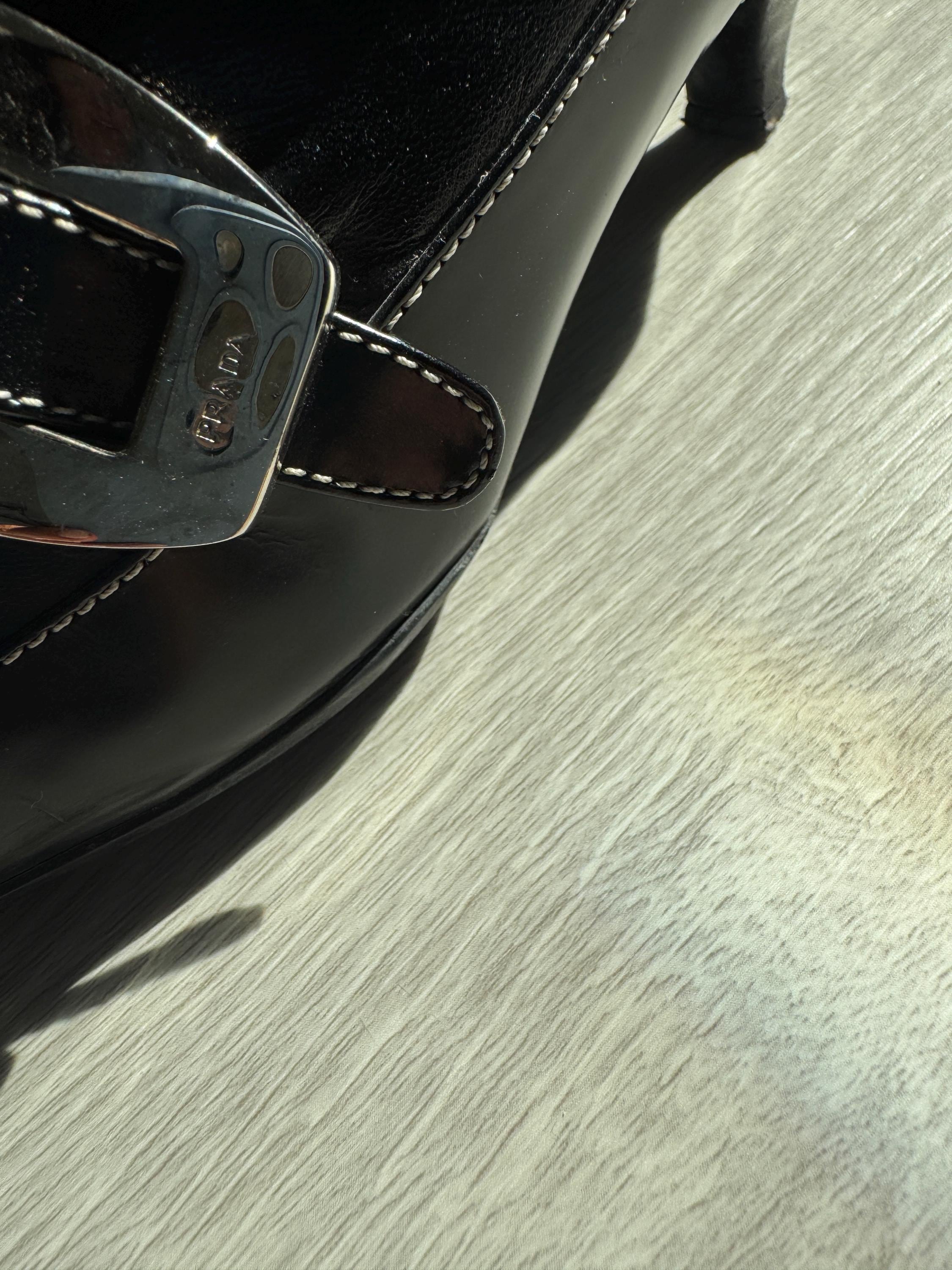 Vintage Prada Black Leather Boots Pointed Toe Ankle Boots with Buckle Detail