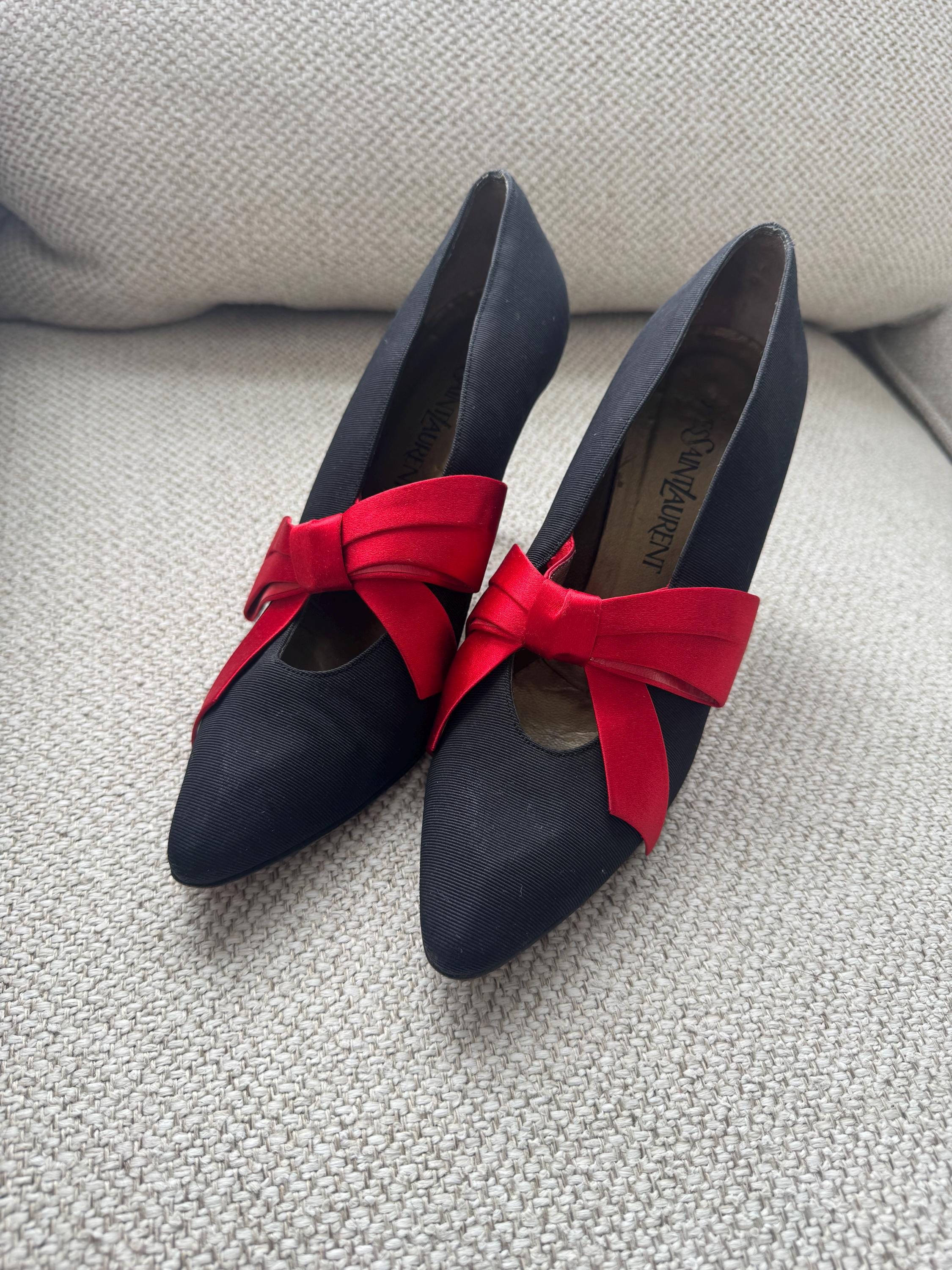 Vintage Yves Saint Laurent Bow Heels – Black & Red Satin