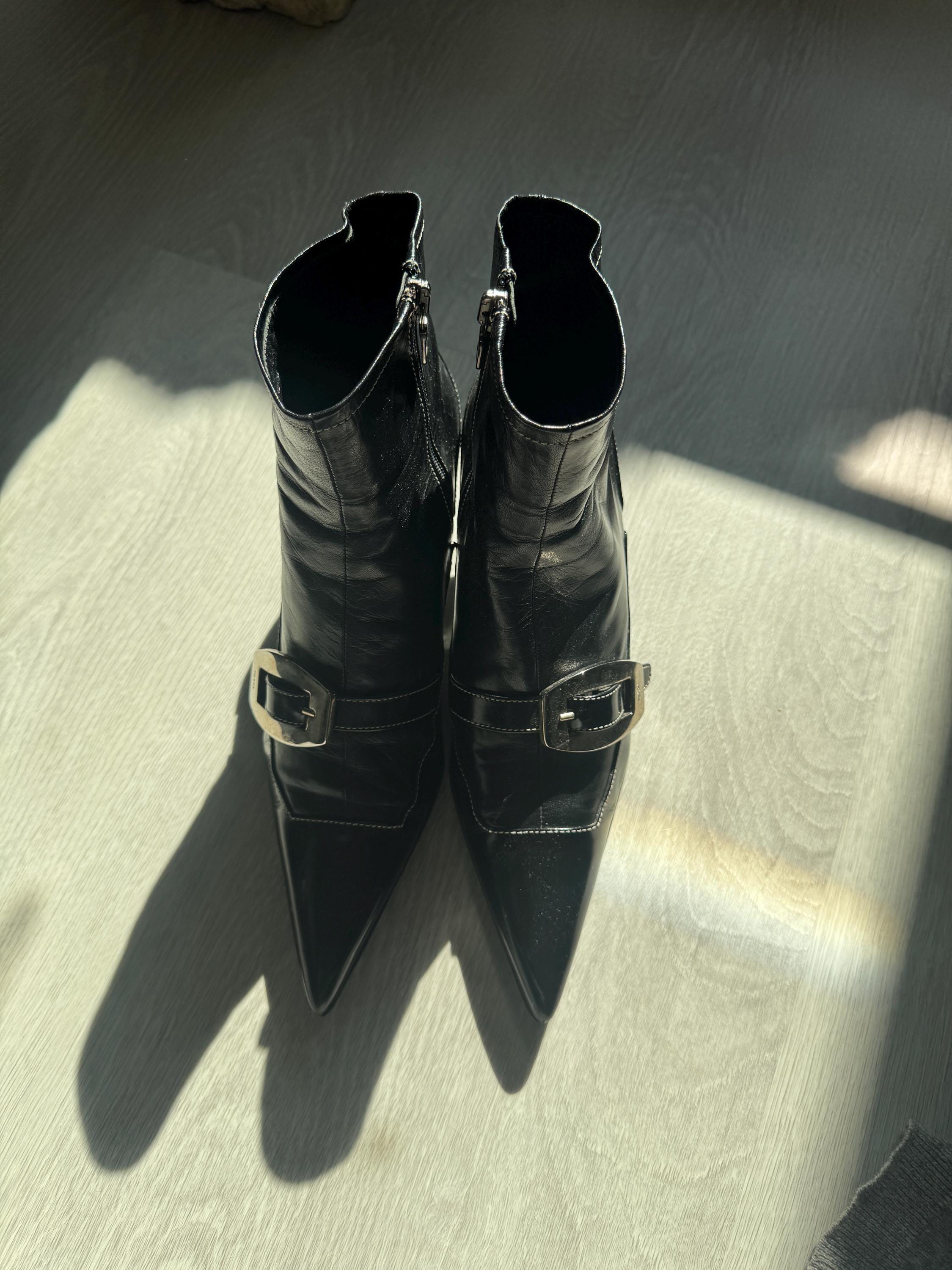 Vintage Prada Black Leather Boots Pointed Toe Ankle Boots with Buckle Detail