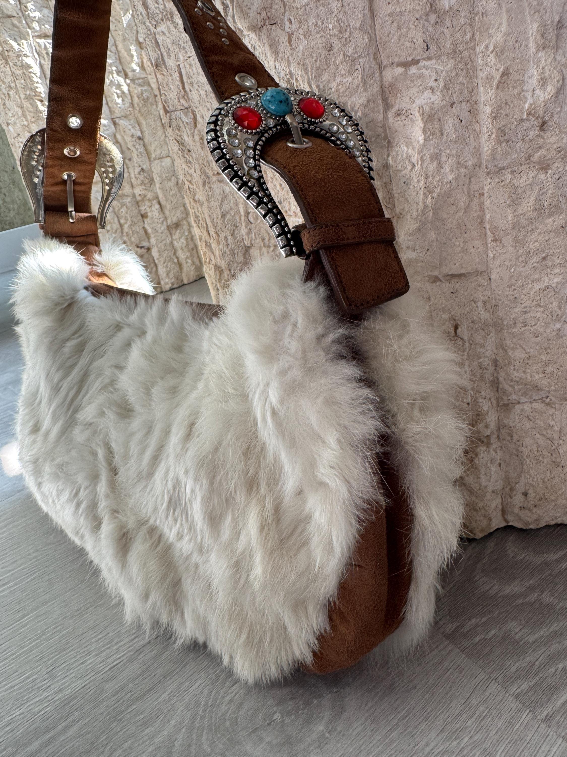 Vintage Rabbit Fur Baguette Bag: Brown Suede Western Purse with Turquoise Accents