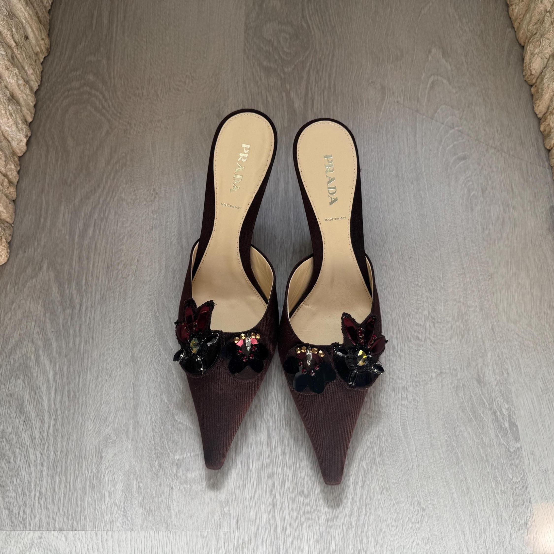 Vintage Prada Embellished Pointed Toe Mules – Brown Satin Kitten Heels with Beaded Floral Detail