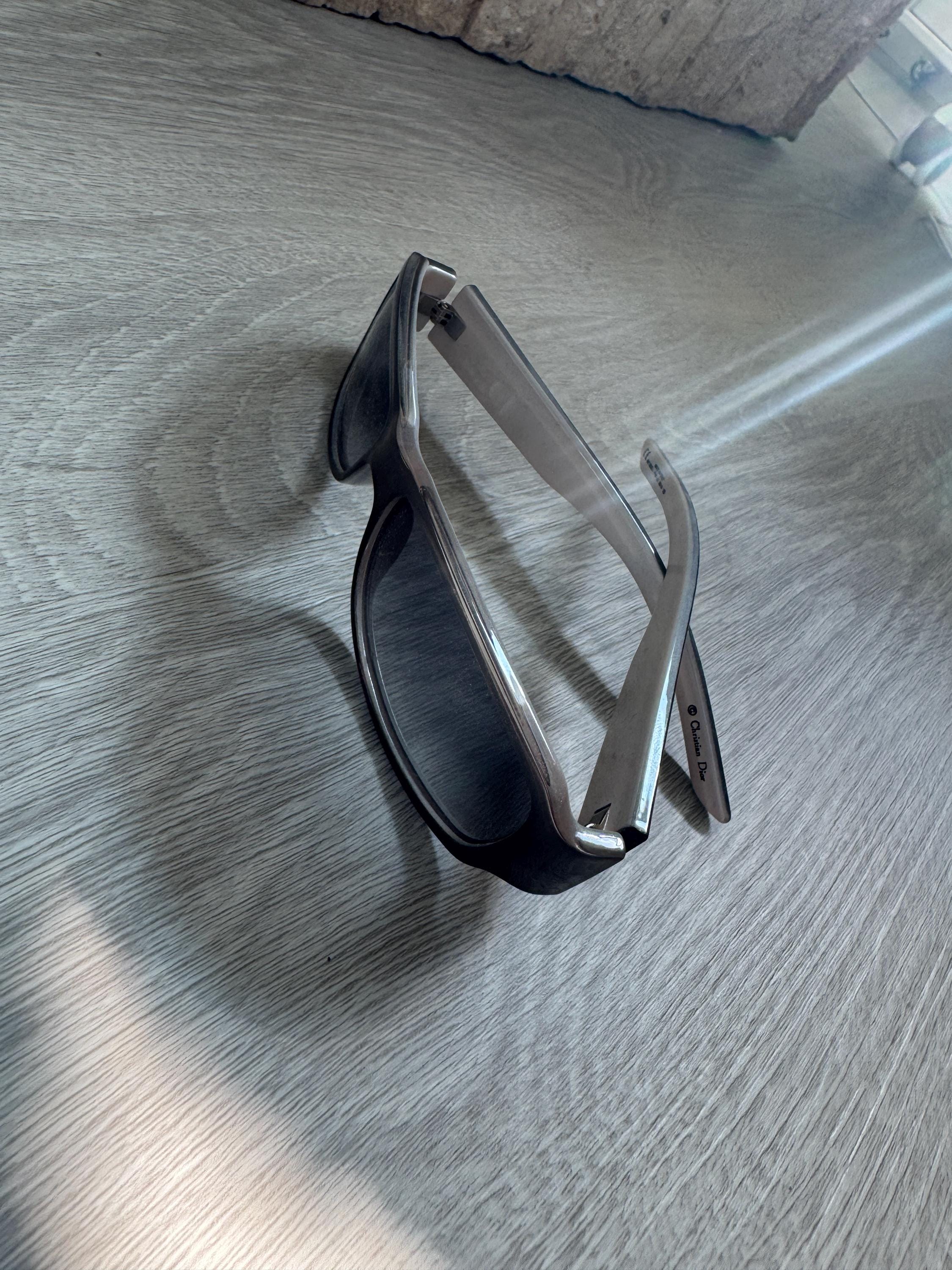 Vintage Dior Sunglasses – Gray Rectangular Wraparound with Logo Temples