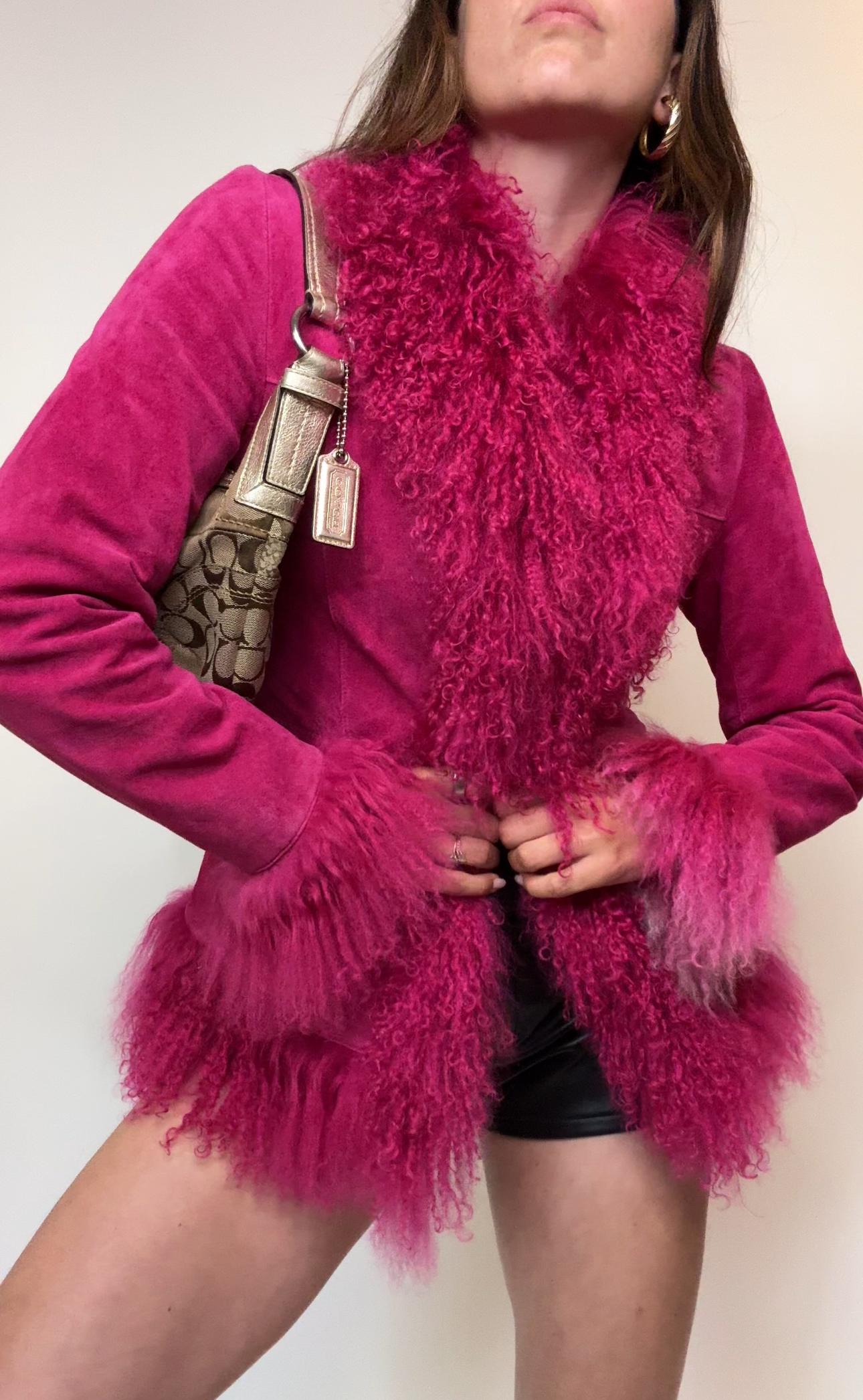 Danier Vintage Suede Shearling Penny Lane Jacket – Fuchsia Pink Mongolian Trim