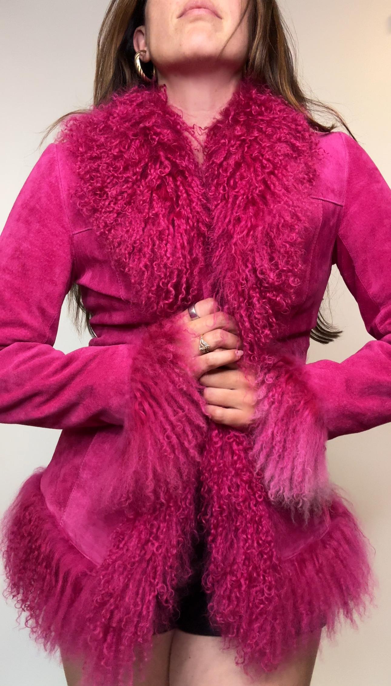 Danier Vintage Suede Shearling Penny Lane Jacket – Fuchsia Pink Mongolian Trim